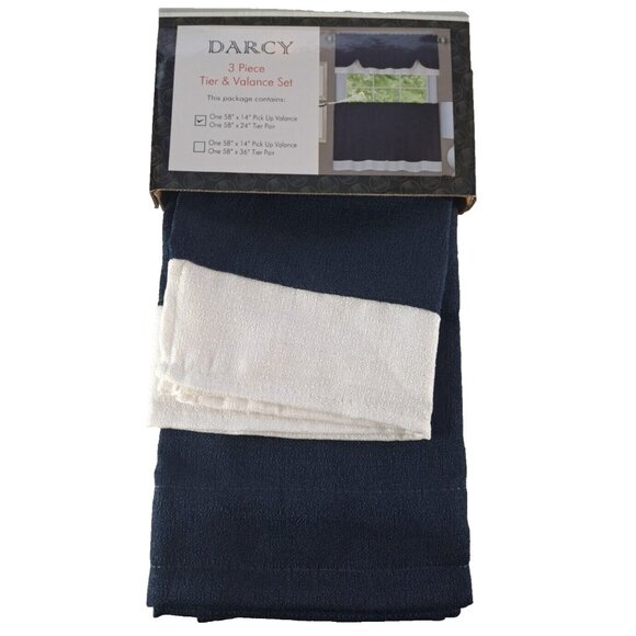 NEW Darcy Curtain Panel Tier & Valance Set Blue White 3 Pc Lightweight 58" - Picture 1 of 5